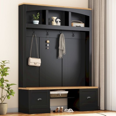 Munora Farmhouse 4-in-1 Hall Tree - Entryway Bench with Coat Rack, Adjustable Shelves & Black Hooks - Wood Grain Top, 55.1"W