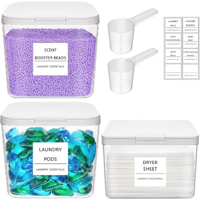 Laundry Pods Container & Dryer Sheet Holder Set with Pop-Up Lids, Detergent Dispenser Jars Includes Labels and Scoop