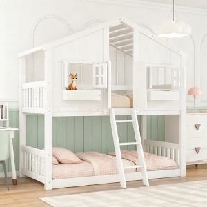 Luxystar Twin over Twin House Bunk Bed with Roof , Window, Window Box, Door, Safety Guardrails and Ladder for Kids’ Room - 1 of 4