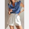 Amaryllis Women’s Sleeveless Ruffle Trim Button Front Chambray Blouse Lightweight Denim Look Polished Casual Top - 3 of 4