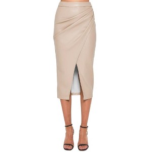 Women Sleek Ruched Faux Leather Midi Skirt High Waisted Split Hem Pencil Skirt - 1 of 4