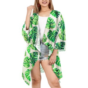 HAPPY BAY Women's Summer Beach Beachwear Duster Cardigan for Womens Vintage Open Front Coverup for Women L-XL Emerald, Leaves - 1 of 4