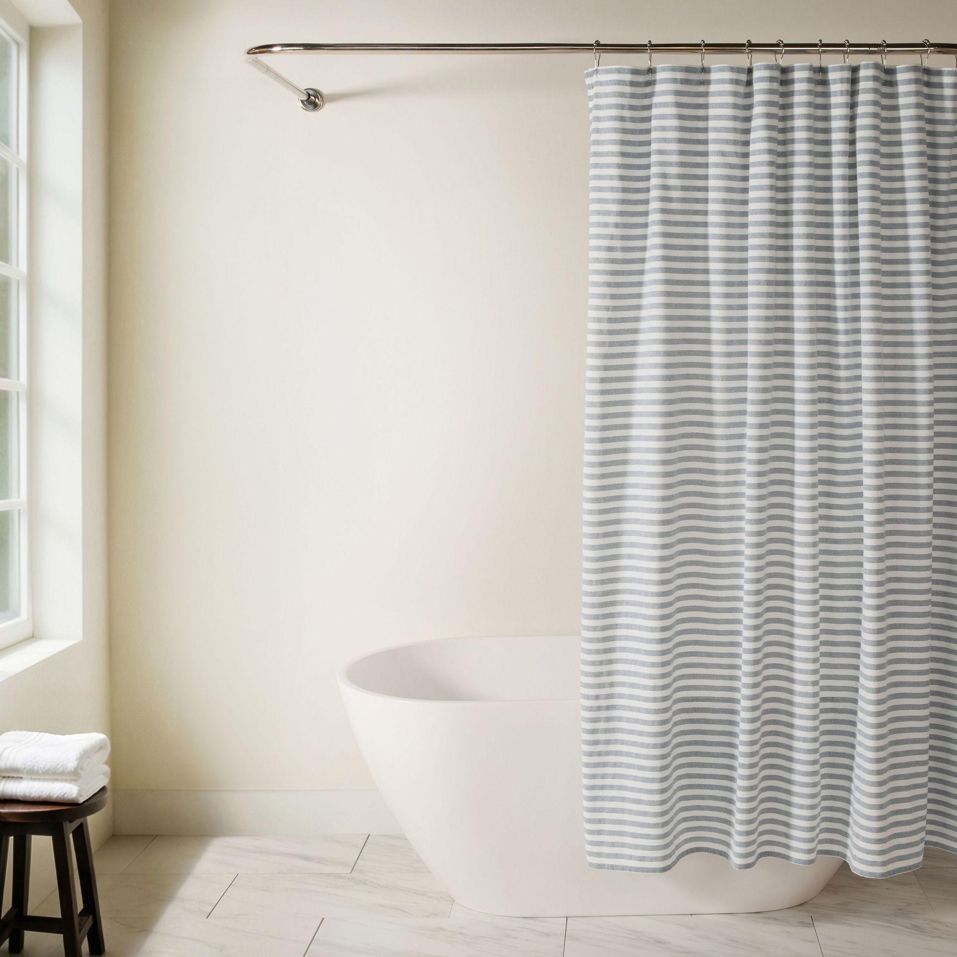 Yarn-Dyed Cotton Blend Shower Curtain, 72x72 Striped & Classic Print Fabric Shower Curtain, Modern Farmhouse Hotel Style Bathroom Decor- Becky Cameron