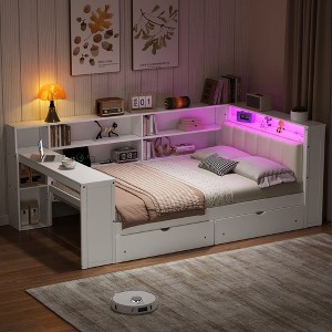 TIRAMISUBEST Full Size Platform Bed w/ Shelves & Drawers, Daybed w/ Charging Station, LED, Desk and Upholstered Headboard - 1 of 4