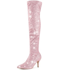 Perphy Women's Glitter Pointed Toe Size Zip Stiletto Heels Over the Knee Boots - 1 of 4