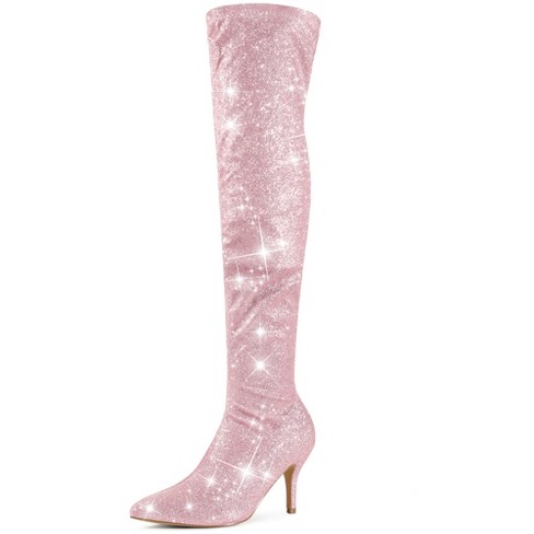 Perphy Women s Glitter Pointed Toe Size Zip Stiletto Heels Over The Knee Boots Pink 9 Target