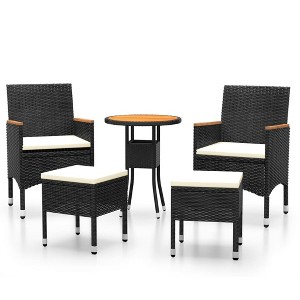 vidaXL 5 Piece Lounge Set - Black Poly Rattan - Outdoor Patio/Deck/Balcony Furniture - Acacia Wood Table - Padded Seats/Cushions - 1 of 4