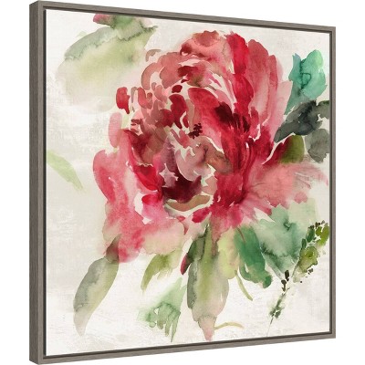 22" x 22" Dark Red Peony Framed Canvas Wall Art