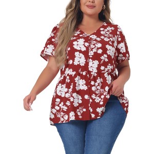 Agnes Orinda Women's Plus Size V Neck Ruffle Hem Short Sleeve Cinched Waist Floral Peplum Blouses - 1 of 4