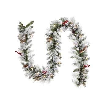 NOMA Snow Dusted Berry and Pinecone 9 Foot Pre Lit 162 PE and PVC Pine Needle Christmas Garland Indoor and Outdoor Home Holiday Mantle Decor