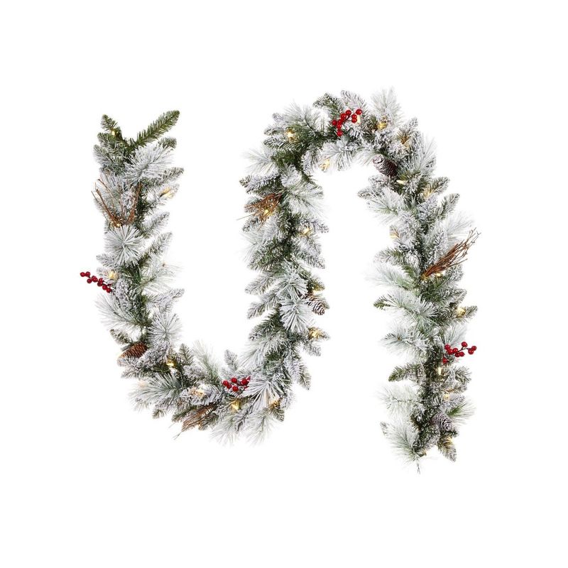 NOMA Snow Dusted Berry and Pinecone 9 Foot Pre Lit 162 PE and PVC Pine Needle Christmas Garland Indoor and Outdoor Home Holiday Mantle Decor, 1 of 6