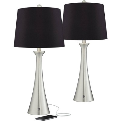 360 Lighting Modern Table Lamps Set of 2 with USB and AC Power Outlet in Base Brushed Nickel Black Drum Shade Living Room Bedroom