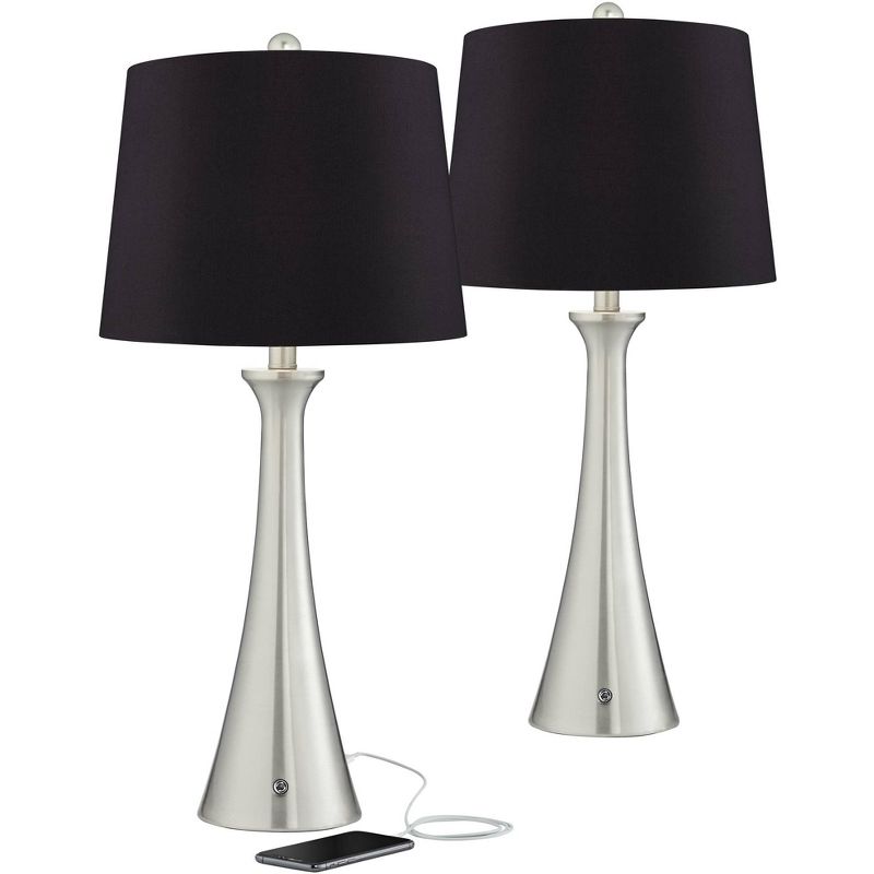360 Lighting Karl Modern Table Lamps 27 1/2" Tall Set of 2 Brushed Nickel with USB and AC Power Outlet in Base Black Faux Silk Shade for Bedroom House, 1 of 8