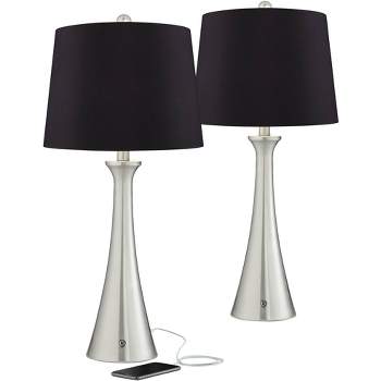 360 Lighting Karl Modern Table Lamps 27 1/2" Tall Set of 2 Brushed Nickel with USB and AC Power Outlet in Base Black Faux Silk Shade for Bedroom House