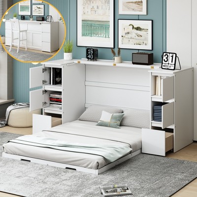 Whisen Modern Style Murphy Bed with Drawers, Cabinets, USB Ports and High Stools