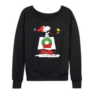 Women's - Peanuts - Snoopy and Woodstock House Sleigh Lightweight French Terry Wide Neck Long Sleeve Shirt - 1 of 4