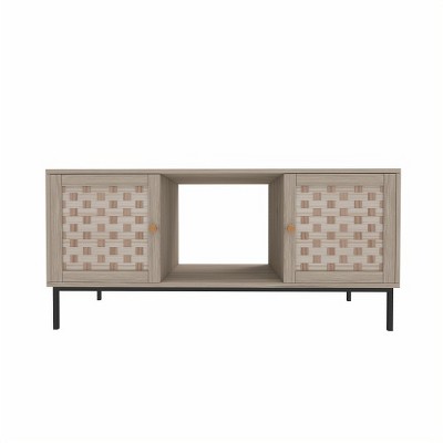 LIVAREEmlen Elegant Veener Weaving Design Coffee Table with 4 Sliding Door, Wooden Center Rectangular Table with Symmetrical Design Storage Cabinet