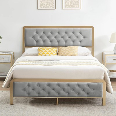 Homhougo Full Size Bed Frame, Upholstered Bed Frame with Button Tufted Headboard, Heavy Duty Metal Easy Assembly, No Box Spring Needed, Grey