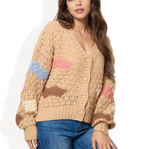 Anna kaci Women s Chunky Knit Cardigan With Colorful Stripe Accents And Oversized Sleeves Target