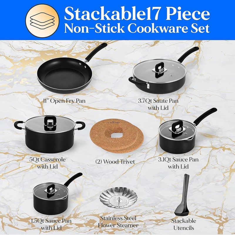 NutriChef Kitchenware 17 Piece Non-Stick Cookware Set, Non-Stick Pans and Pots with foldable Knob, Space Saving, Stackable, Nylon Tools Set, 2 of 10