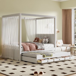 Twin Size Upholstered Canopy Bed with Trundle and Three Storage Drawers - 1 of 4