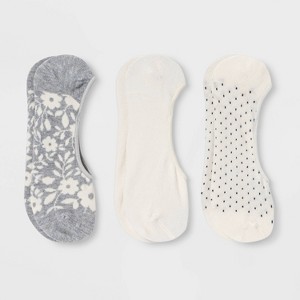 Women's Floral Print 3pk Liner Socks - A New Day™ Heather Gray/Cream 4-10: Hidden Gel Heel Grip, Knit Design - 1 of 2