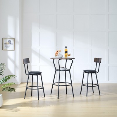DOMETOUR Round Bar Table and Stool Set with Shelf Upholstered Stool with Backrest Brown