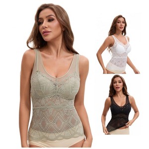 INSPIRE CHIC Women's 3 Packs Lace Mesh V-Back Wide Strap Fixed Cup Tank Top Longline Light and Breathable Camisoles - 1 of 4