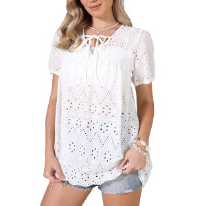 INSPIRE CHIC Women's Summer Puff Short Sleeve Tie V Neck Hollow Out Casual Blouses - 1 of 4