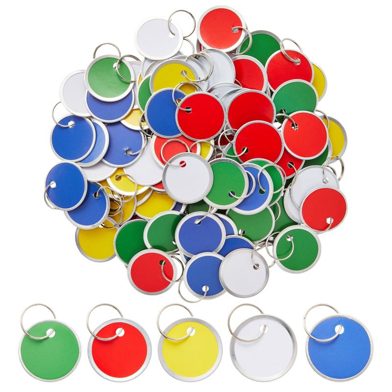 Juvale 100 Pack Round Paper Key Tags with Split Ring Label for Lockbox, Storage, Backpack, 5 Bright Colors, 1.2 in, 1 of 7