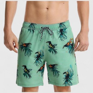 Anna-Kaci Men's Toucan Print Swim Shorts with Tropical Leaf Pattern and Adjustable Drawstring Waist - 1 of 4