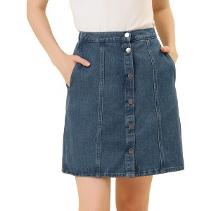 Allegra K Women's Elastic Back Short Button Down Denim Skirts with Pockets - 1 of 4