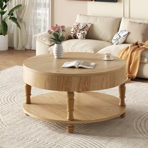 31.5" Round Coffee Table with Flip-Top Hidden Storage and Open Shelf, Two-Tier Accent Table with Wood Legs for Living Room - Panipeachy - 1 of 4