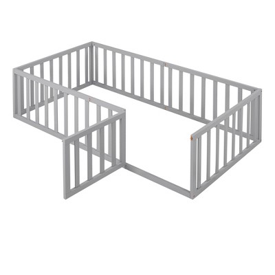 Bellemave Twin Size Floor Bed with Safety Fence and Door and Slats£¬Wood Montessori Floor Bed for Kids£¬No Box Spring Needed,for Boys Girls,(Gray)