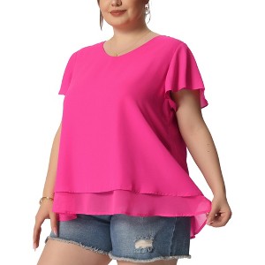 Agnes Orinda Women's Plus Size V Neck Short Flare Sleeve Double Layers Chiffon Casual Summer Blouses - 1 of 4