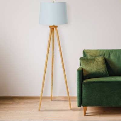 Natural Wood Tripod Floor Lamp with White Linen Shade