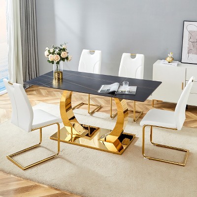 FURNIinspire Dining Sets Table And Chair Set, 63"*31.5" Sintered Stone Dining Table And 4 White Dining Chairs With Golden Metal Legs