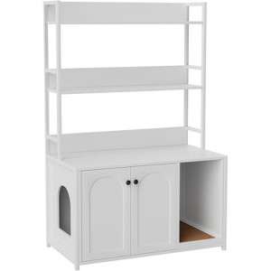 Acekool Cat Litter Box Enclosure, Hidden Cat Furniture with 2 Storage Shelves & Scratch Pad, Indoor Kitty Washroom Cabinet, White - 1 of 4