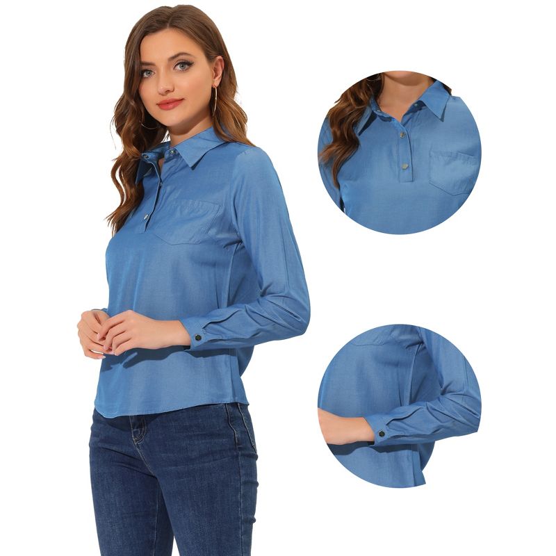 Allegra K Women's Point Collar Half Placket Casual Long Sleeve Chambray Blouse Shirts, 2 of 6