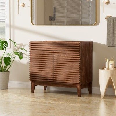 Mid-Century Freestanding Bathroom Cabinet Vanity with Storage, Particleboard Frame with Wood Grain Laminate, Walnut (Sink Basin Not Included)