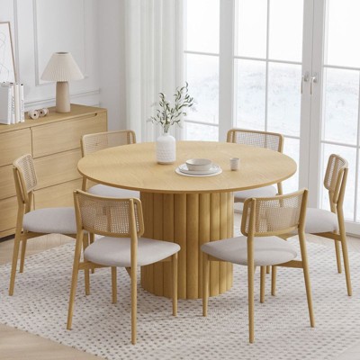 PexFix 52" Solid Wood Round Dining Table Kitchen Table for 4-6 with Tabletop & Textured Cylindrical Base for Living/Dining Room Coffee Office Natural