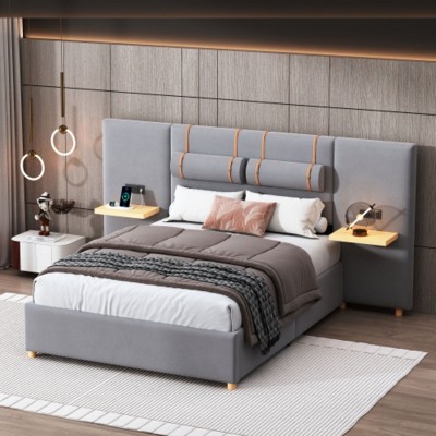 Full-Size Upholstered Platform Bed with Dual Outlets and USB Charging Ports, Includes Two Bedside Pillows and a Storage Shelf, Velvet