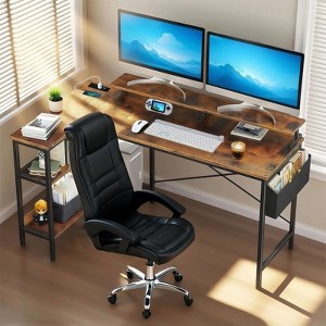 GDFStudio Tilo 47" Modern Reversible L-Shaped Metal Gaming Desk with Wooden Storage Shelves, 2 Power Outlets and 2 Charging Ports, Black/Brown - 1 of 4