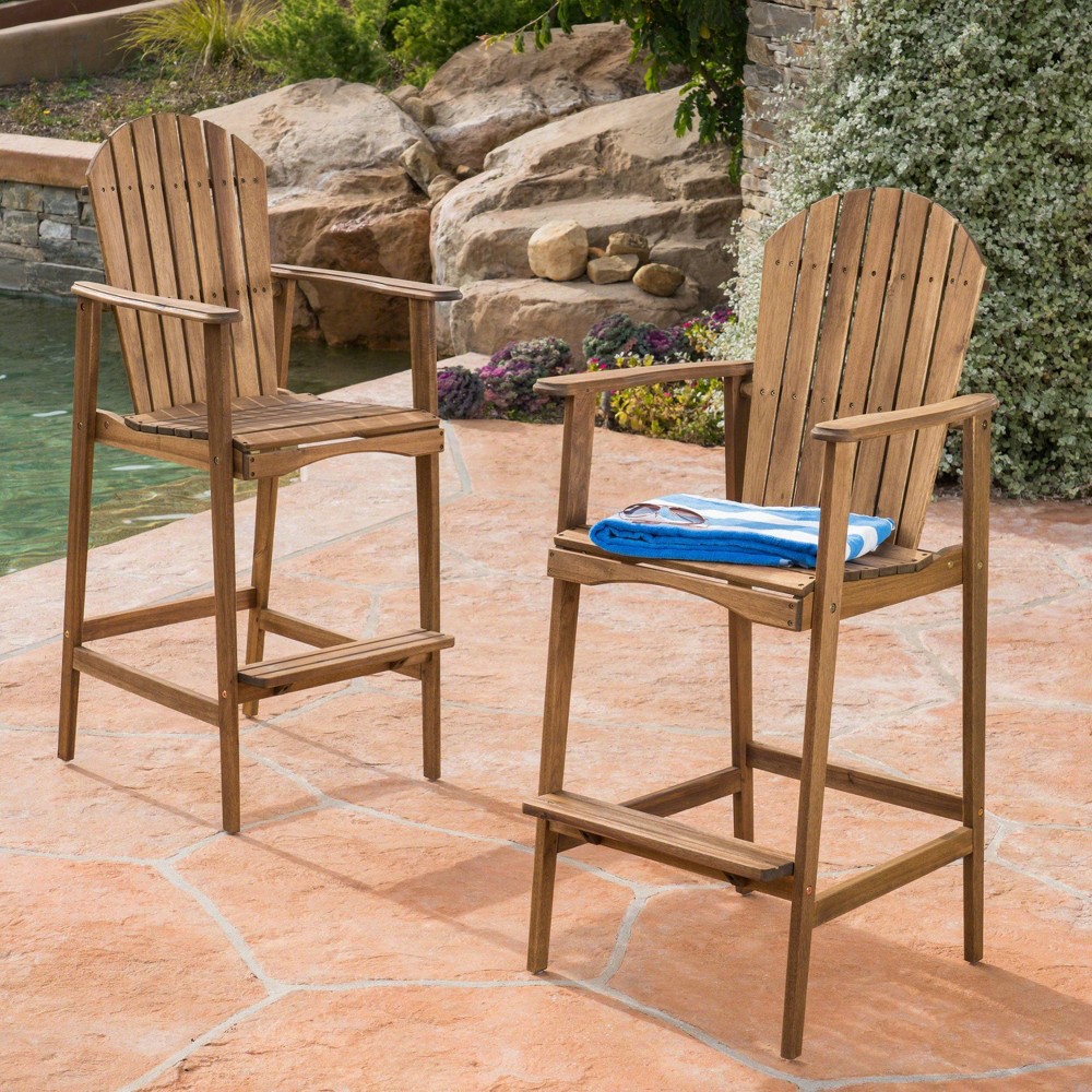 Photos - Chair Malibu 2pk Acacia Wood Adirondack Barstools: Weather-Resistant, High Back