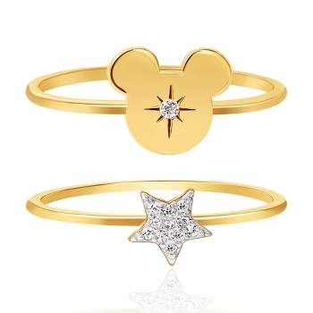 Disney Mickey Mouse Womens 18K Gold Plated Sterling Silver CZ Stackable Ring Set, Mickey and Star - Size 7