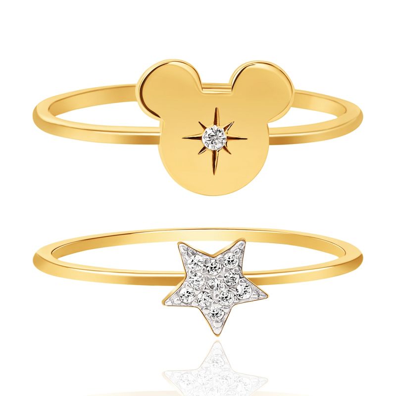 Disney Mickey Mouse Womens 18K Gold Plated Sterling Silver CZ Stackable Ring Set, Mickey and Star - Size 7, 1 of 6
