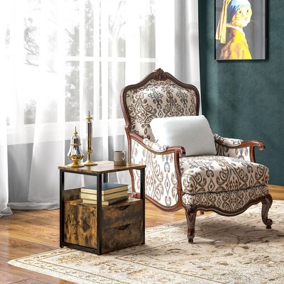Rustic Brown Wood and Black Steel Side Table with Storage Drawers
