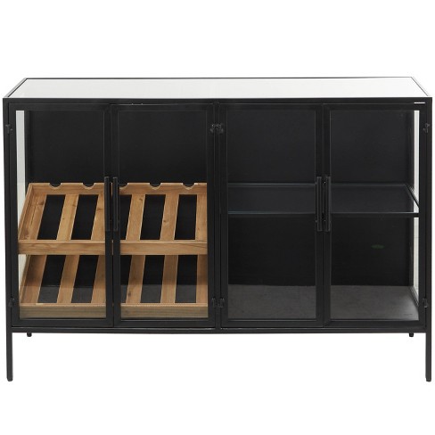 Metal Glass Panel Wine Cabinet with Doors and Wood Accents Black - Olivia & May - image 1 of 4