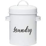 Amici Home Launderette Metal Storage Canister, Round Canister w/ Powder Coat Finish Script Style Lettering, Side Handles & Lid Handle