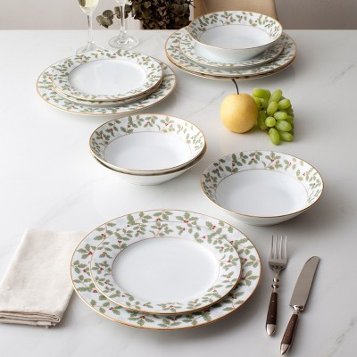 White Porcelain Soup Bowl Set with Gold Trim, Service for 4